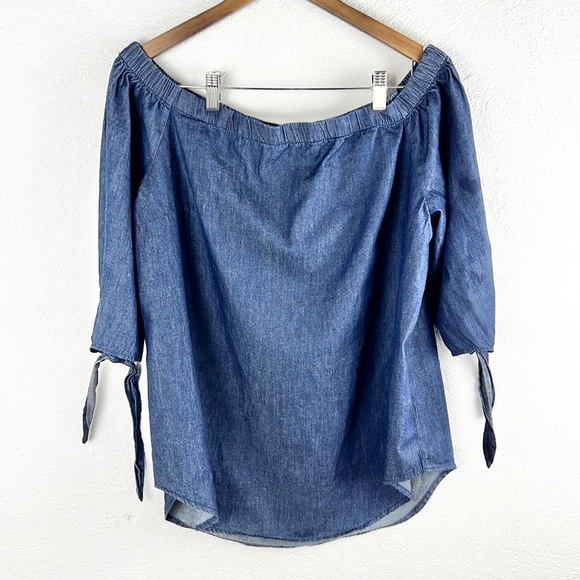 FADED GLORY |💙 Denim Blue Chambray Boatneck 1/2 Sleeves Prasant Blouse Top - Picture 6 of 9